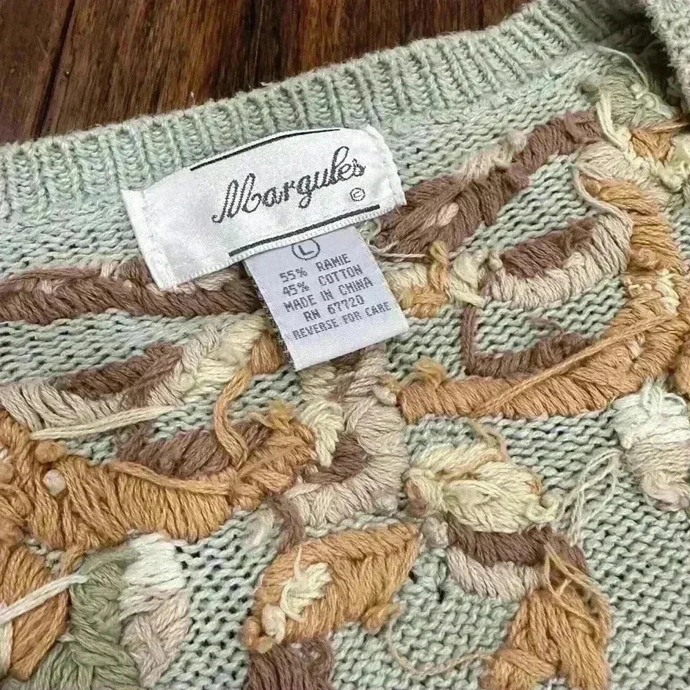 Margules vintage Knit Embroidered Cottagecore Mint Floral Cardigan Sweater large - Picture 3 of 6